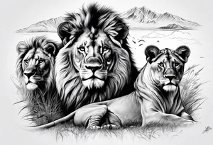 in front the savane
in back ground a lion and is family tattoo idea