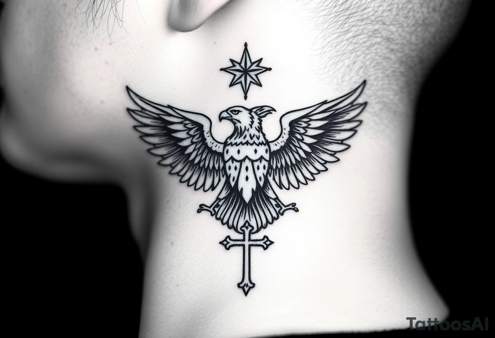 Double-headed eagle outline only (no shading) — suits neck skin which ages differently
Star above, small orthodox cross below tattoo idea