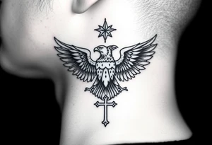 Double-headed eagle outline only (no shading) — suits neck skin which ages differently
Star above, small orthodox cross below tattoo idea