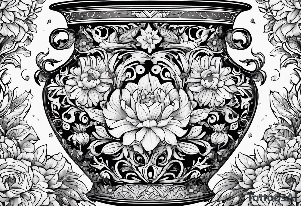 Traditional vase with patterns and flowers tattoo idea