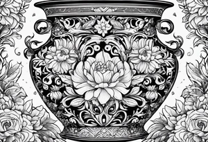 Traditional vase with patterns and flowers tattoo idea