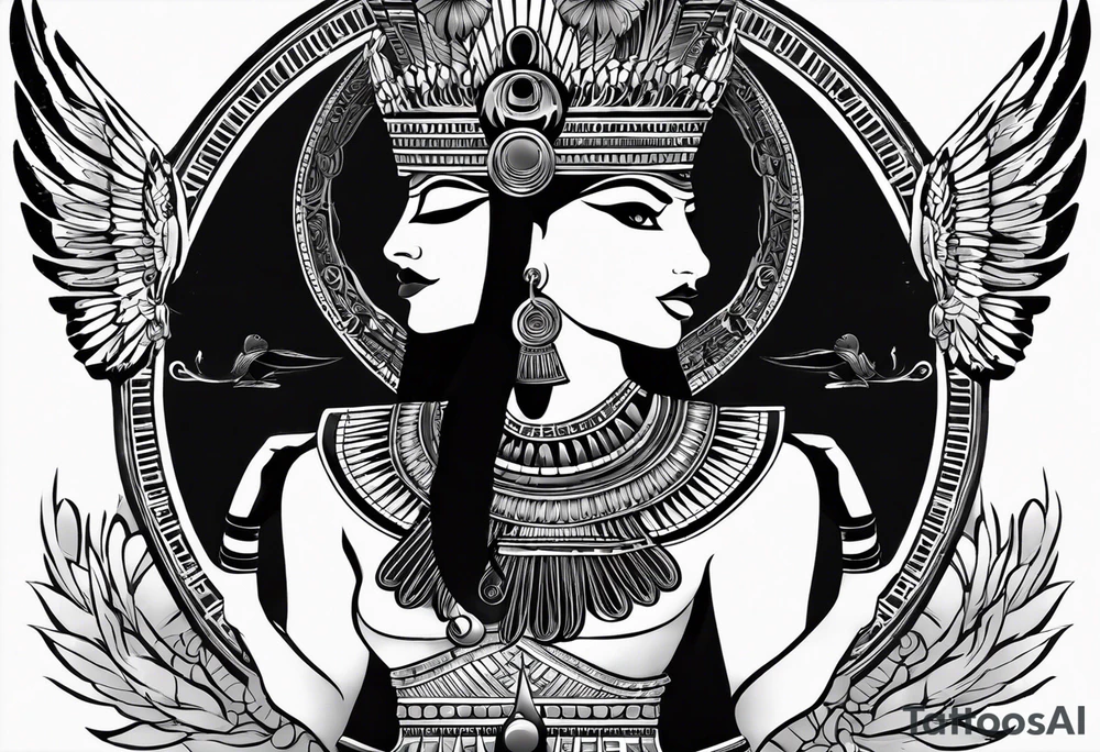 black and white Egyptian goddess Isis, who is often depicted as a woman with outstretched wings, holding an ankh (a symbol of life) in one hand and a lotus flower in the other. Her headdress often includes a throne or a solar disk. The tattoo design can vary in style and size, but it typically aims to capture the essence of this revered Egyptian deity, emphasizing her beauty, power, and maternal qualities. The choice of colors and additional elements can also be customized to create a unique and visually striking representation of the goddess Isis tattoo idea