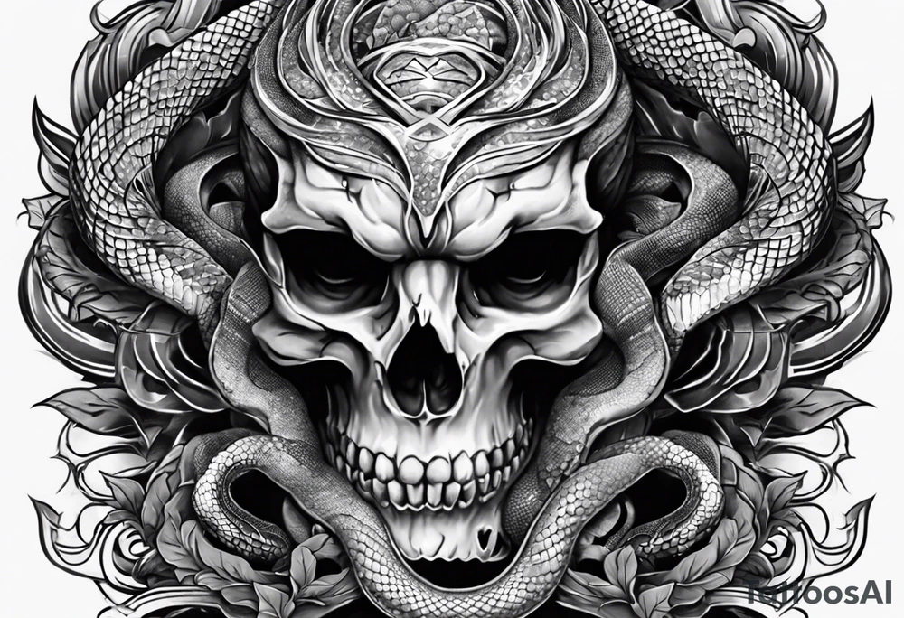 Snake intertwined into a realistic skull coming through the eye ready to strike tattoo idea