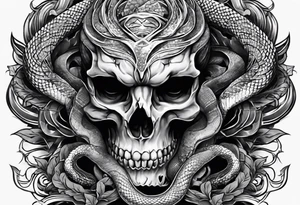 Snake intertwined into a realistic skull coming through the eye ready to strike tattoo idea