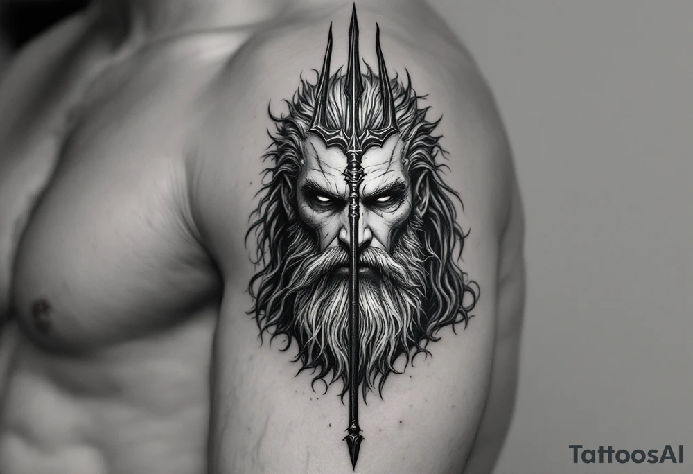 close-up gentle poseidon behind a trident tattoo idea