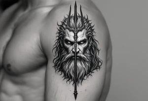 close-up gentle poseidon behind a trident tattoo idea