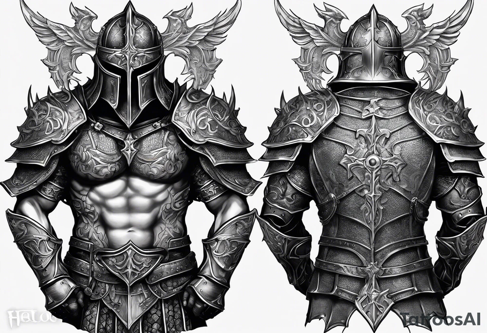 Right Upper arm, pectoral and back armor, demons crawling up bottom of the chest and back plates with heaven and cross on top of the armor plates, chainmail underneath arm plates tattoo idea