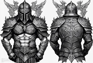 Right Upper arm, pectoral and back armor, demons crawling up bottom of the chest and back plates with heaven and cross on top of the armor plates, chainmail underneath arm plates tattoo idea