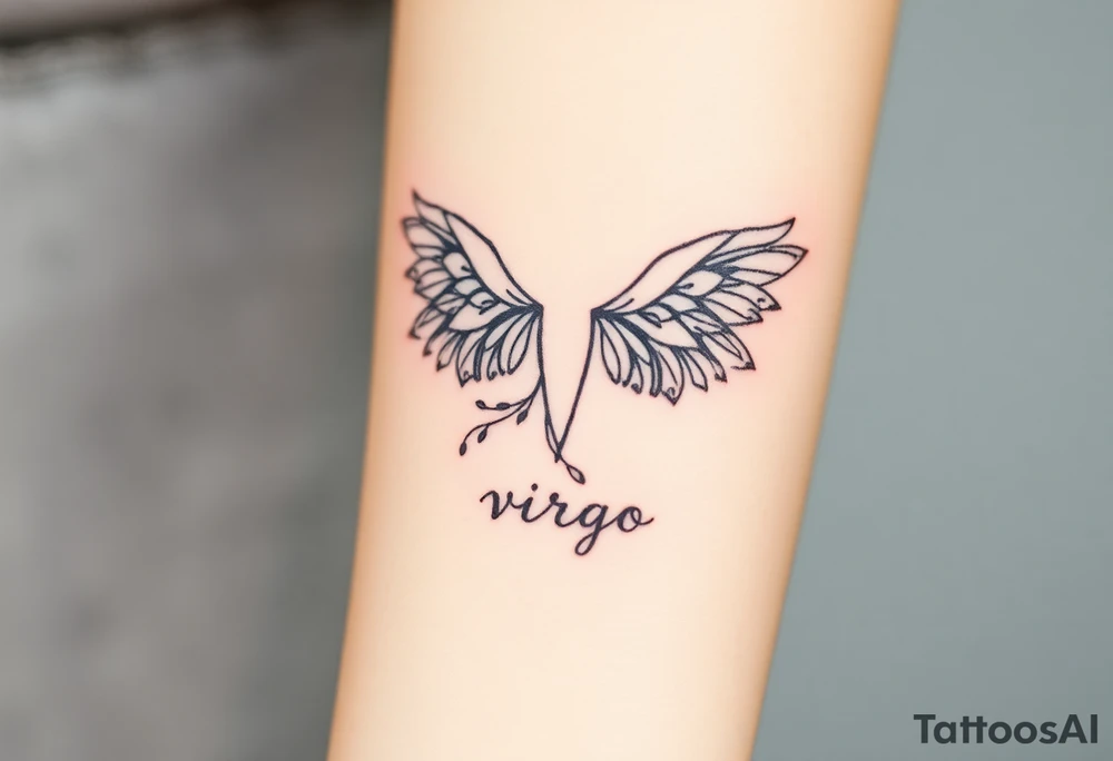 A divine woman with ethereal wings made of delicate lace and vines, symbolizing Virgo’s purity and the word virgo tattoo idea