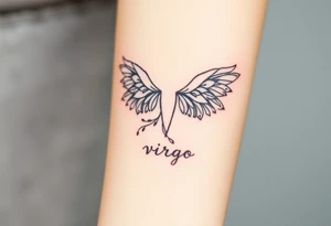 A divine woman with ethereal wings made of delicate lace and vines, symbolizing Virgo’s purity and the word virgo tattoo idea