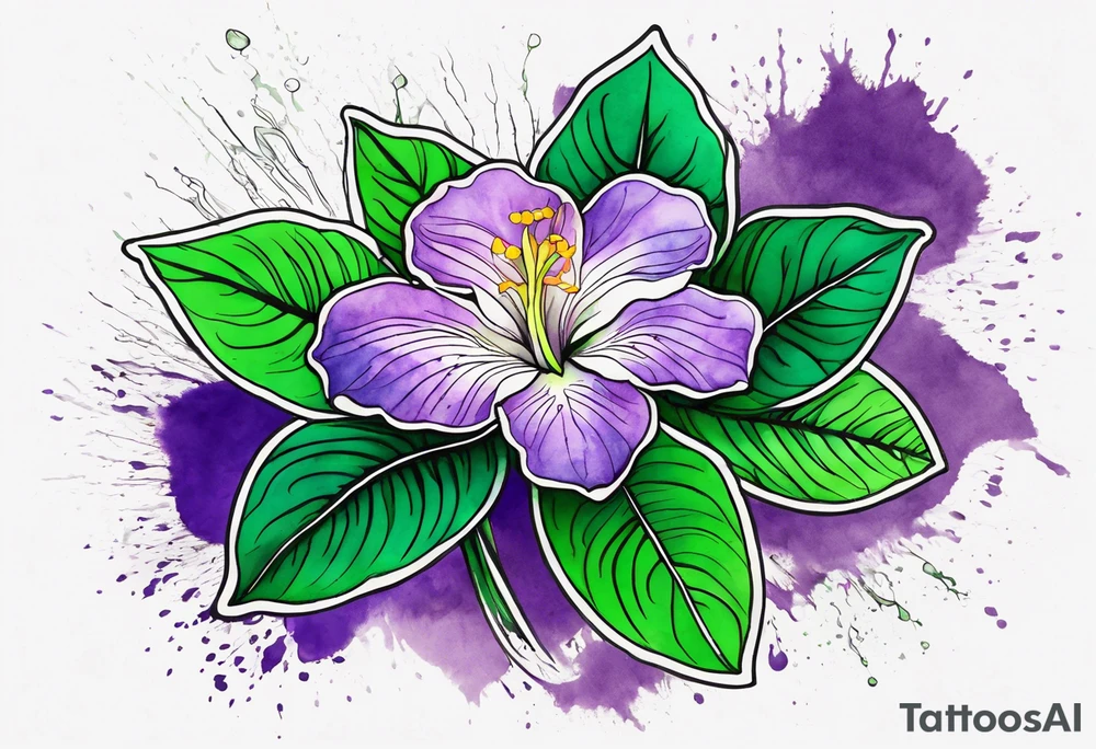 A mystical outline of a rio dipladenia flower and a green/purple watercolor splash in the background tattoo idea