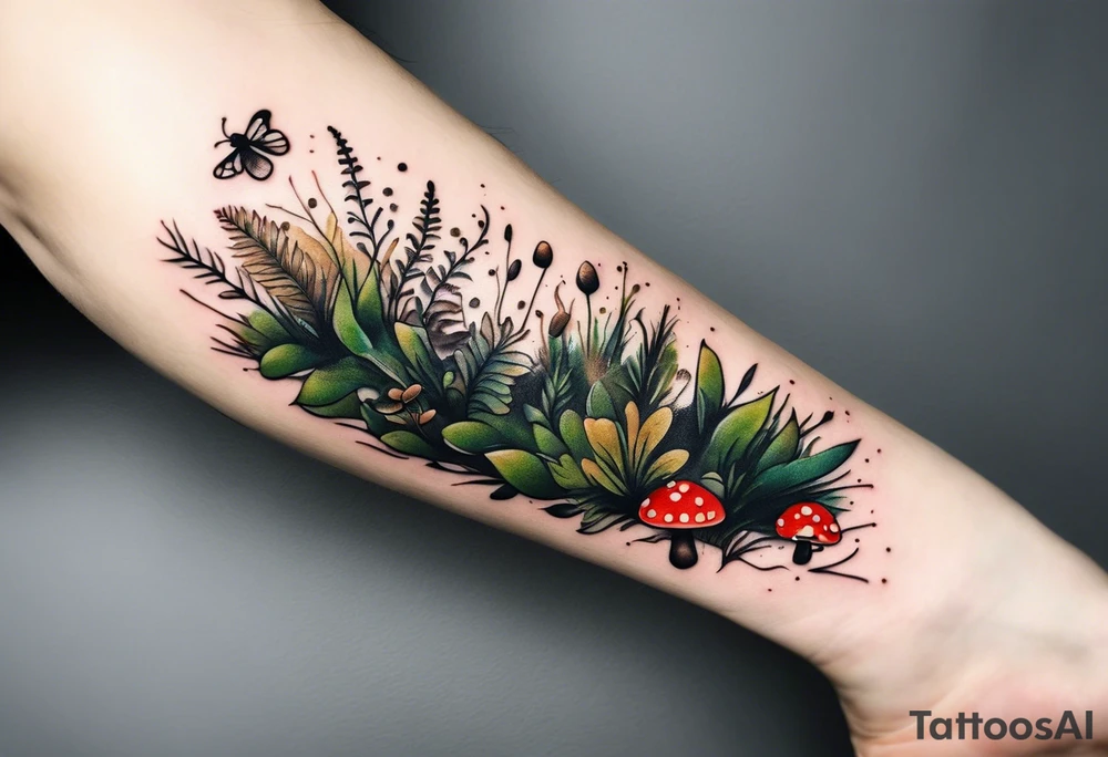 minimalistic forest floor inspired tattoo, which includes grass, moss, curly ferns and dead leaves as the bulk of the tattoo. details to include: forest berries, couple of very small brown mushrooms, a tiny bumblebee flying nearby tattoo idea