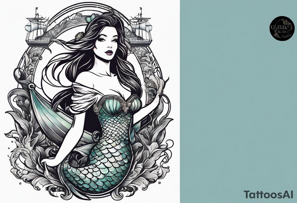 mermaid with galleon ship tattoo idea