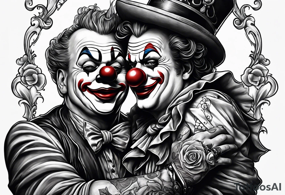 A clown holding the leg of another clown tattoo idea