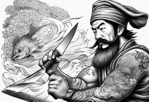 A japanese chef knife in front of Mugiwara Luffy tattoo idea