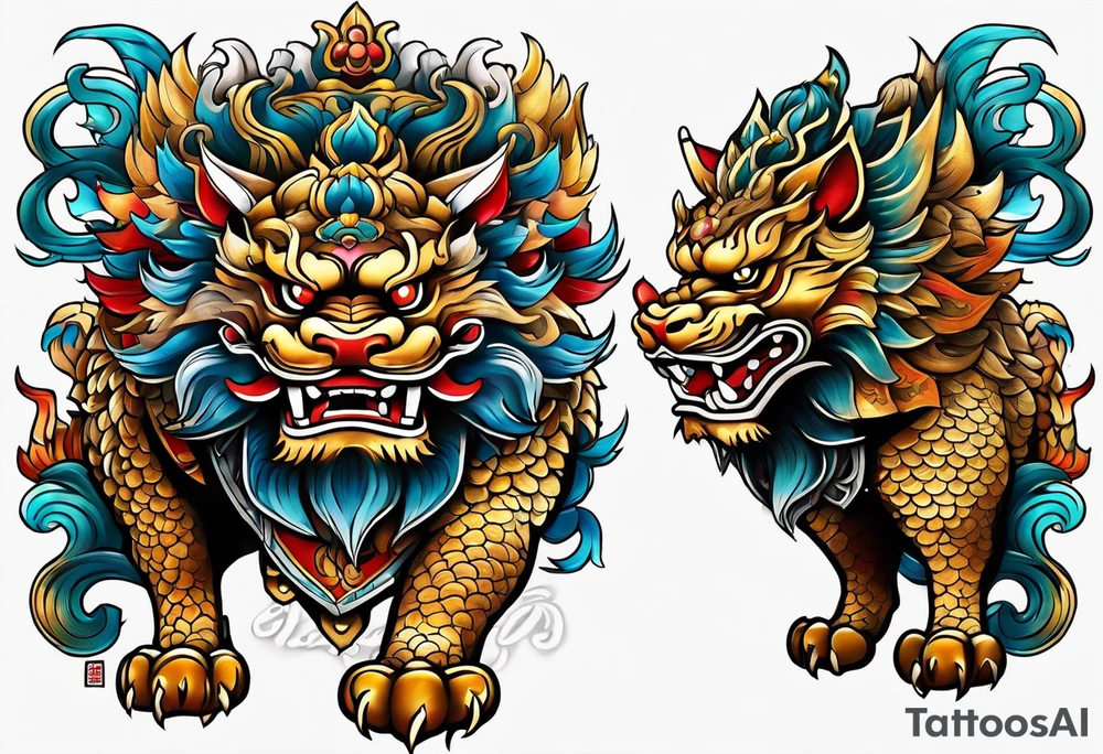 Two Traditional full body, Okinawa shisa on either side of chest. tattoo idea