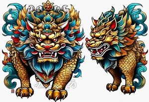 Two Traditional full body, Okinawa shisa on either side of chest. tattoo idea
