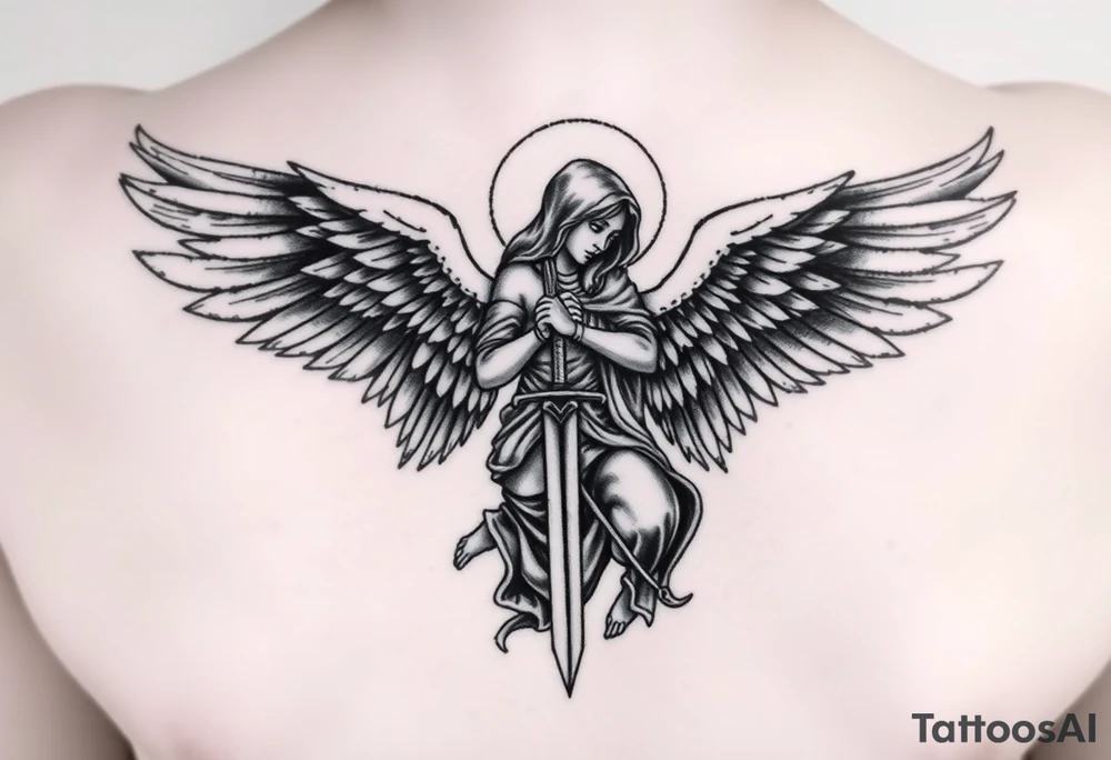 Warrior Angel with long sword  kneeling looking down cloak over head wings
 spread tattoo idea