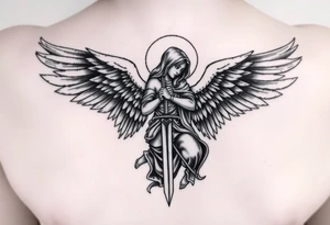 Warrior Angel with long sword  kneeling looking down cloak over head wings
 spread tattoo idea