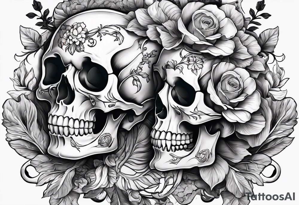 a skeleton couple with bibiscus flowers. western style tattoo idea