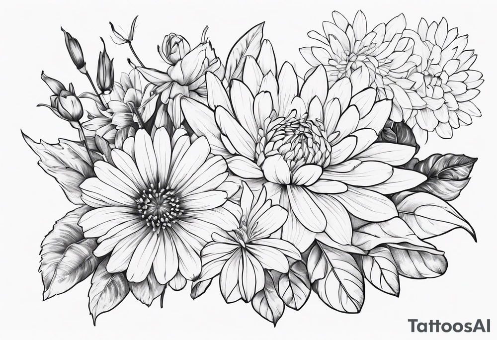 Asters, roses, Lillies, chrysanthemums in a long line tattoo idea