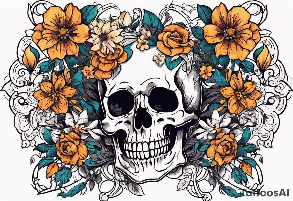 skeleton with body and flowers around it vintage tattoo idea