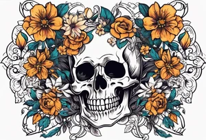 skeleton with body and flowers around it vintage tattoo idea