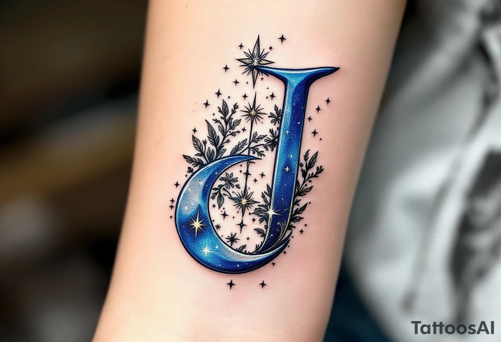 Celestial-themed "J" in midnight blue with silver crescent moons and stars. tattoo idea