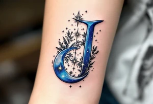 Celestial-themed "J" in midnight blue with silver crescent moons and stars. tattoo idea