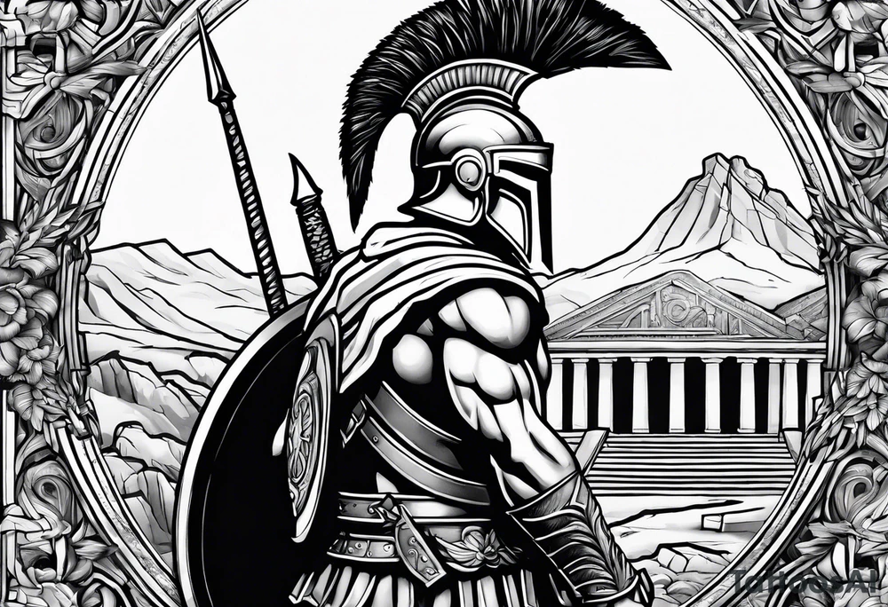 Spartan solider with Ancient ruins all around tattoo idea Spartan solider with Ancient ruins all around tattoo idea