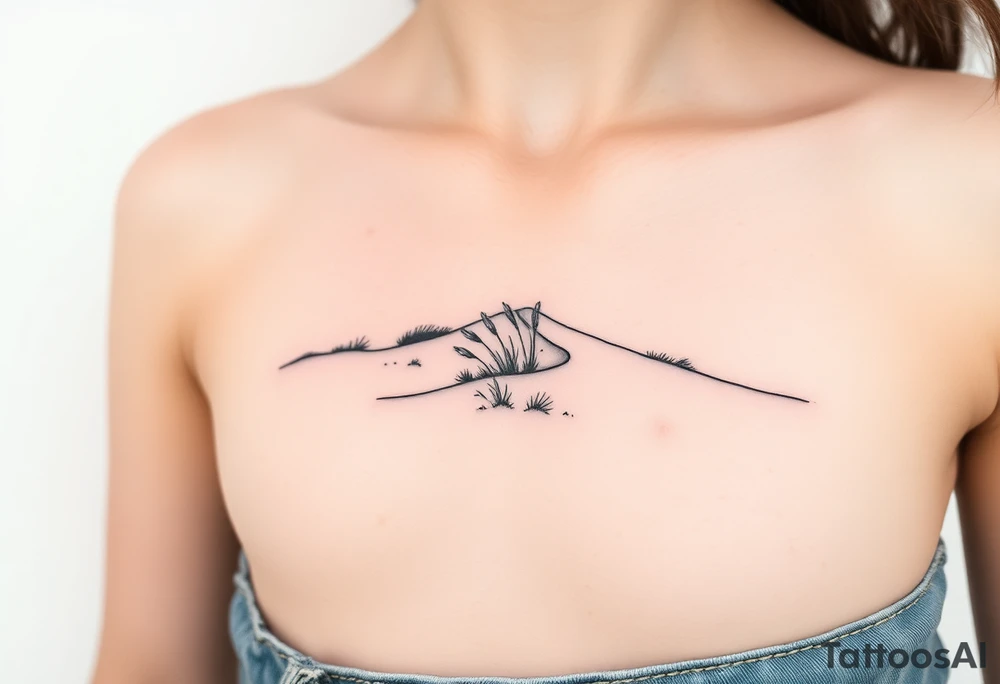 Landscape of sand dune (like in the north of France) in a minimalist style. We have to see the sea in the background tattoo idea