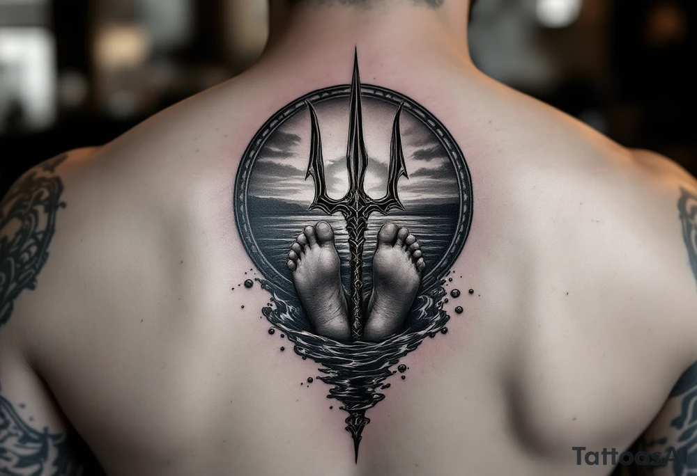 barefeet behind trident with water and sunset tattoo idea