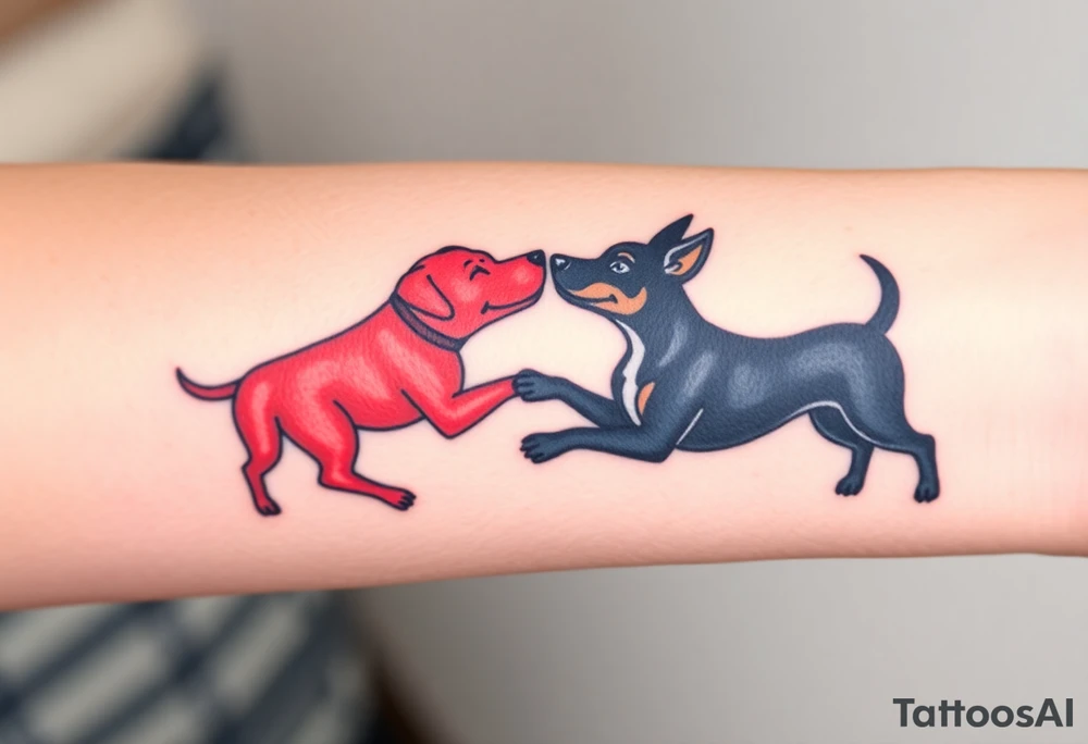 rednose pitbull and black blue heeler dogs playing together tattoo idea