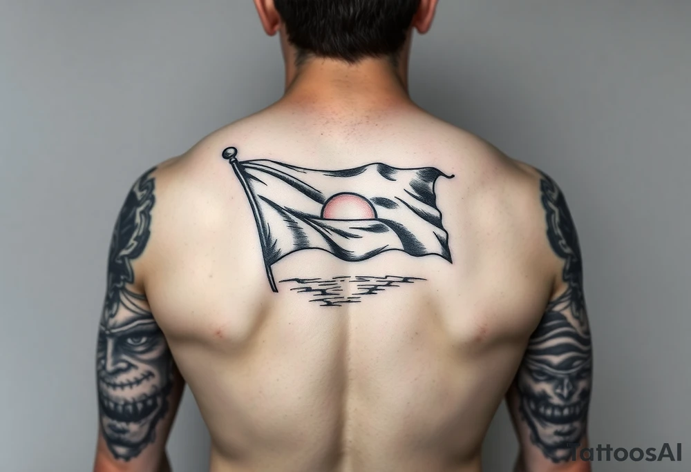 Full sleeve with pirate flag, sun rise, tattoo idea