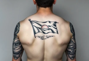 Full sleeve with pirate flag, sun rise, tattoo idea