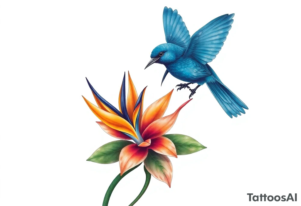 Bird of paradise flower with blue bird tattoo idea