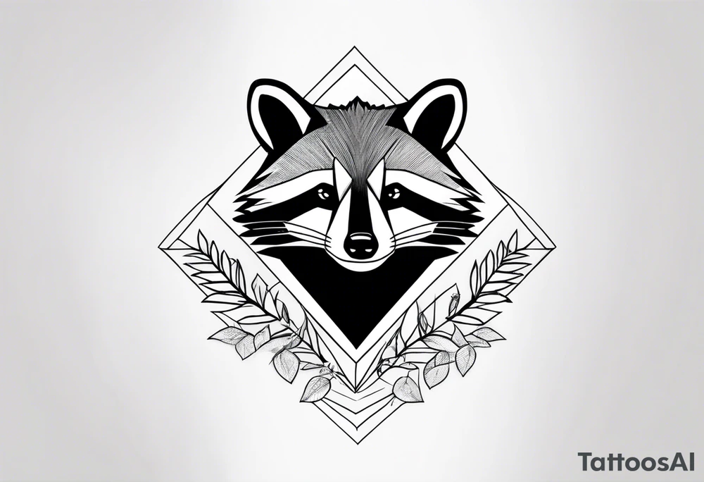 Raccoon in nature in shape of long diamond tattoo idea