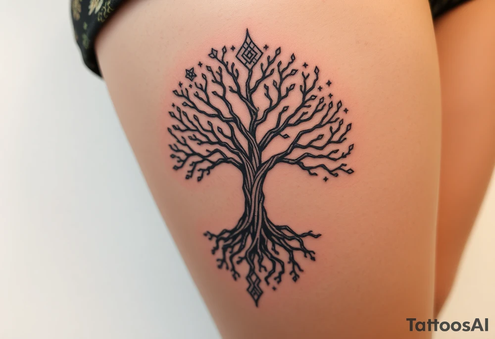 mystical tree of life with cosmic roots and celestial branches tattoo idea