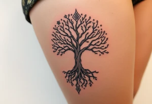 mystical tree of life with cosmic roots and celestial branches tattoo idea
