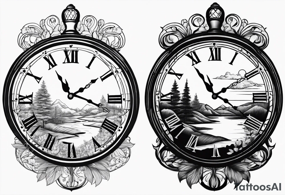 clock with landscape tattoo idea