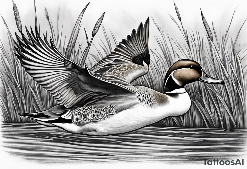 pintail duck flying in the marsh tattoo idea
