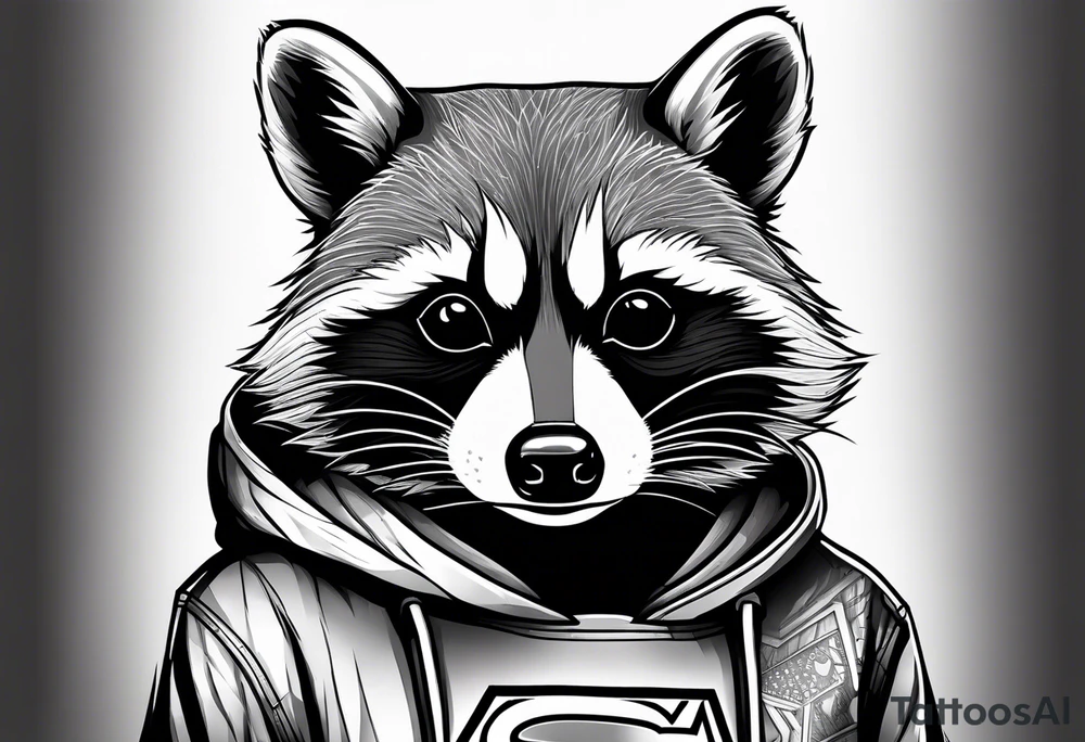 raccoon wearing a Superman hoodie tattoo idea