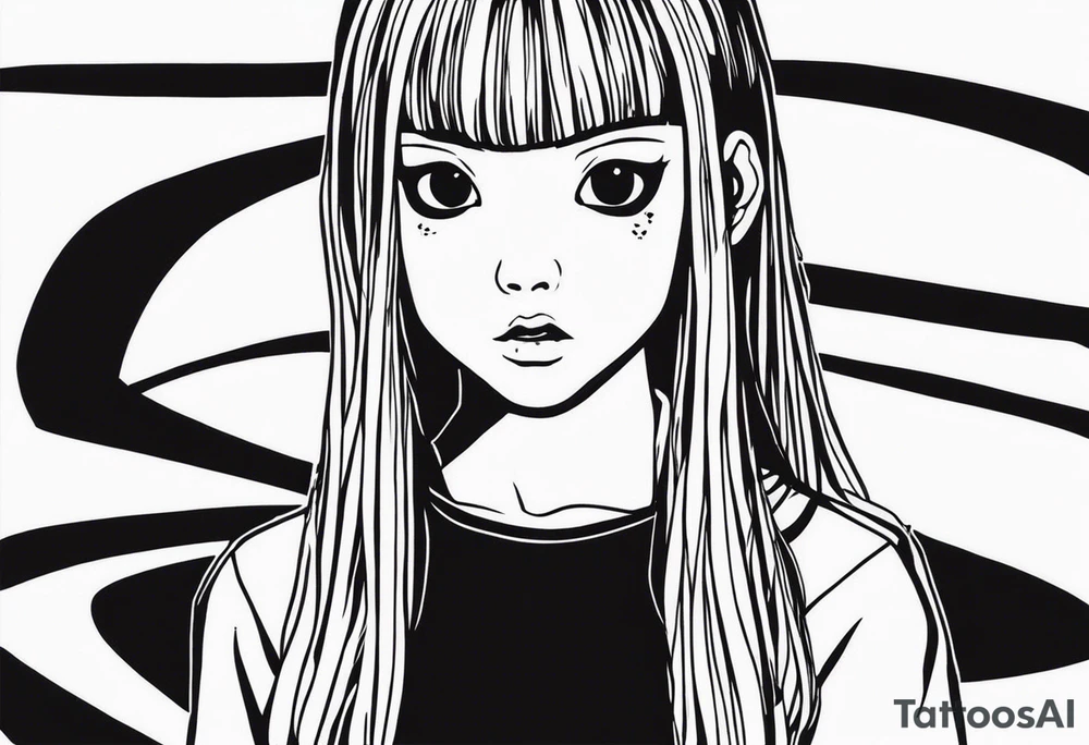 portrait of tomie standing up a character by the horror manga author junji ito full body standing murderously. add more horror and gore elements tattoo idea