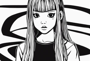 portrait of tomie standing up a character by the horror manga author junji ito full body standing murderously. add more horror and gore elements tattoo idea