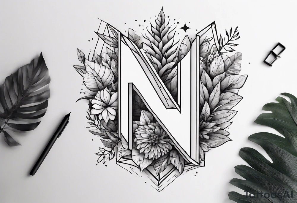 Write the word N A I N in a creative way with nature tattoo idea