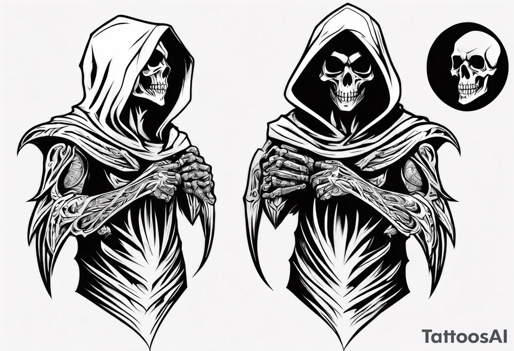 side view, hooded reaper upper body, no skull tattoo idea