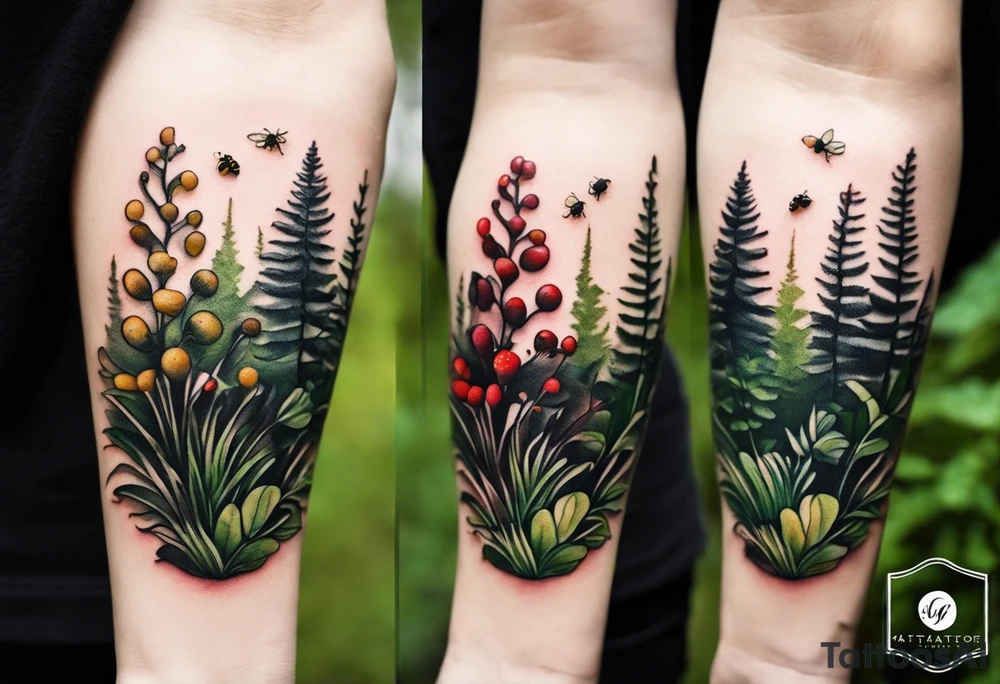 minimalistic forest floor inspired tattoo, which includes grass, moss, curly ferns and dead leaves as the bulk of the tattoo. details to include: forest berries, couple of very small brown mushrooms, a tiny bumblebee flying nearby tattoo idea