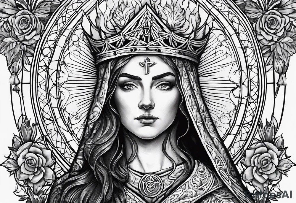 A full back piece themed on the surname mcbride and the irish saint brigid. It should take inspiration from artwork of saint brigid holding fire in her hands. It should have the text Vincit Pericula Virtus on it tattoo idea