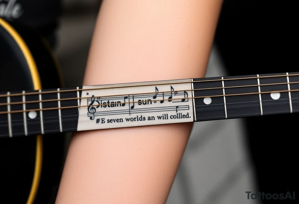 Gibson Les Paul guitar with the vocal sheet music for the song Distant sun by crowded house printed on the fret board of the guitar with the vocal music and the words to the line  of the song"Seven worlds will collide" tattoo idea