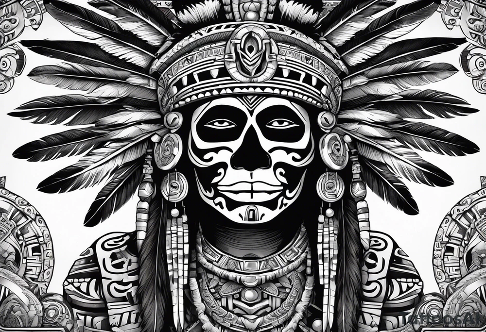 aztec god of death Mictlantecuhtli with long feathers around his head tattoo idea